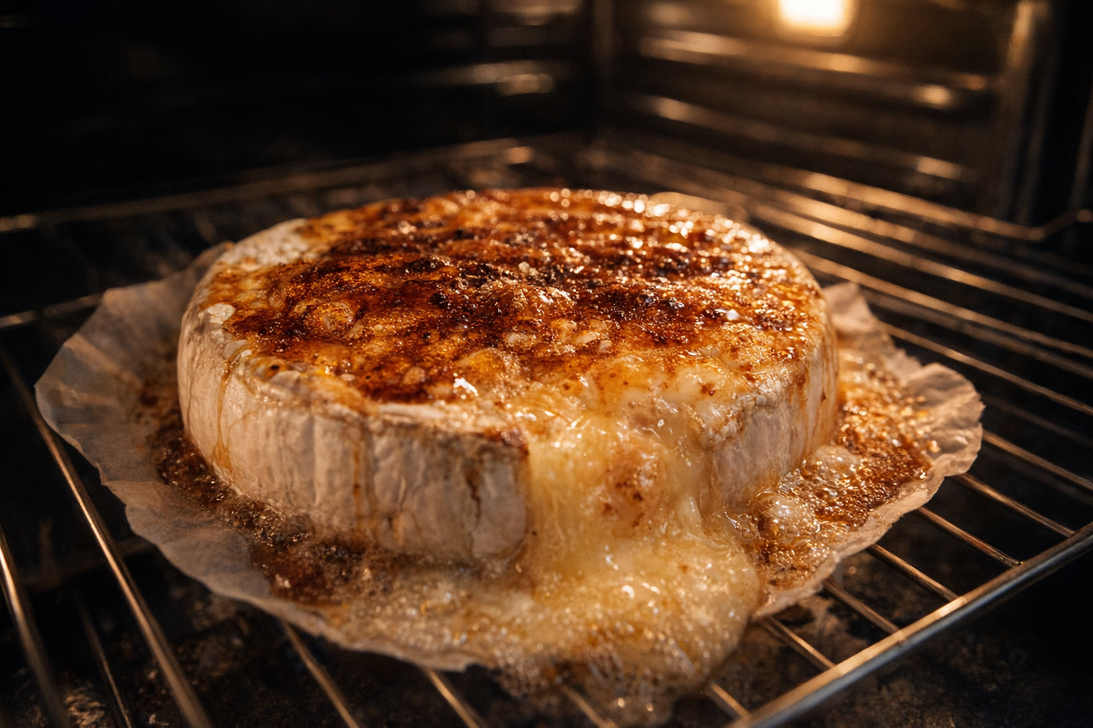 A close-up, 45-degree angle shot of brie baking in the oven, cheese melted and bubbly, maple syrup caramelized, oven light illuminating the scene